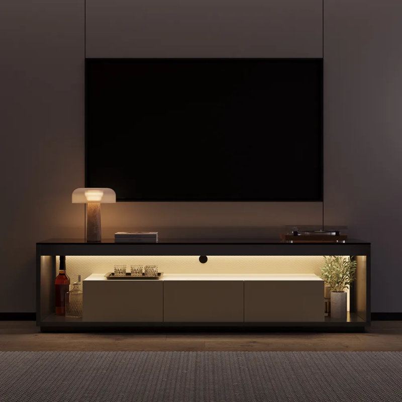 Console de télévision moderne à profil bas avec plateau en verre, H 18 po x L 71 po x l 16 po