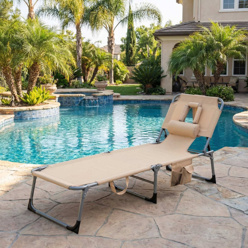Fauteuil de bronzage pliable avec trous pour le visage et les accoudoirs pour la plage, Beige