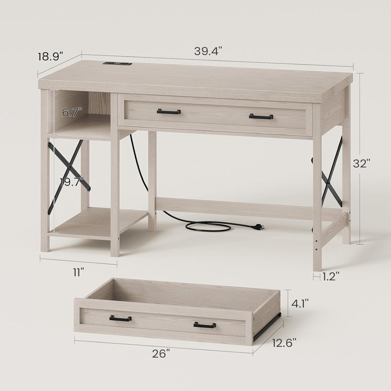 40" Study Table, Small Computer Desk With Drawer & Storage Shelves, Farmhouse Writing Desk, Gray