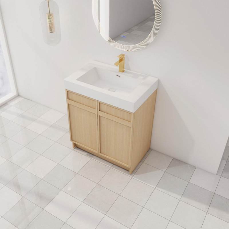 Meuble-lavabo autoportant à fermeture en douceur avec lavabo en résine blanche