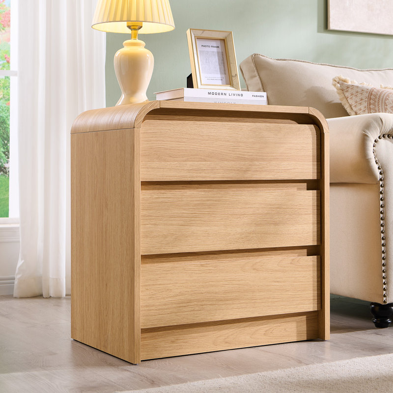 25" Tall Modern End Table with 3 Storage Drawers,23.6" Wide Wood Side Table w/Charging Station, Natural, 1