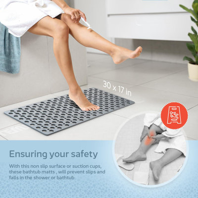 Non Slip Bath Mat And Shower Mat With Suction Cups And Drain Holes, Soft Machine Washable Non Slip Bathtub Mat, Easy Dry&Cut (Gray)