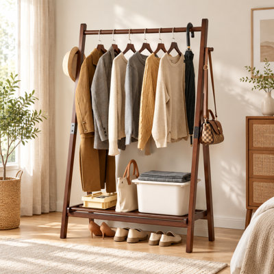 Solid Wood Freestanding Clothes Rack With Storage Shelf And Side Hooks