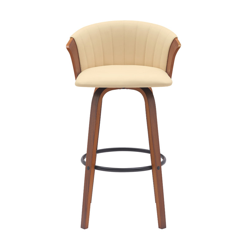Boeschen Swivel Counter or Bar Height Upholstered Bar Stool with Arms and Footrest in Wood, Bar Stool (30” Seat Height)
