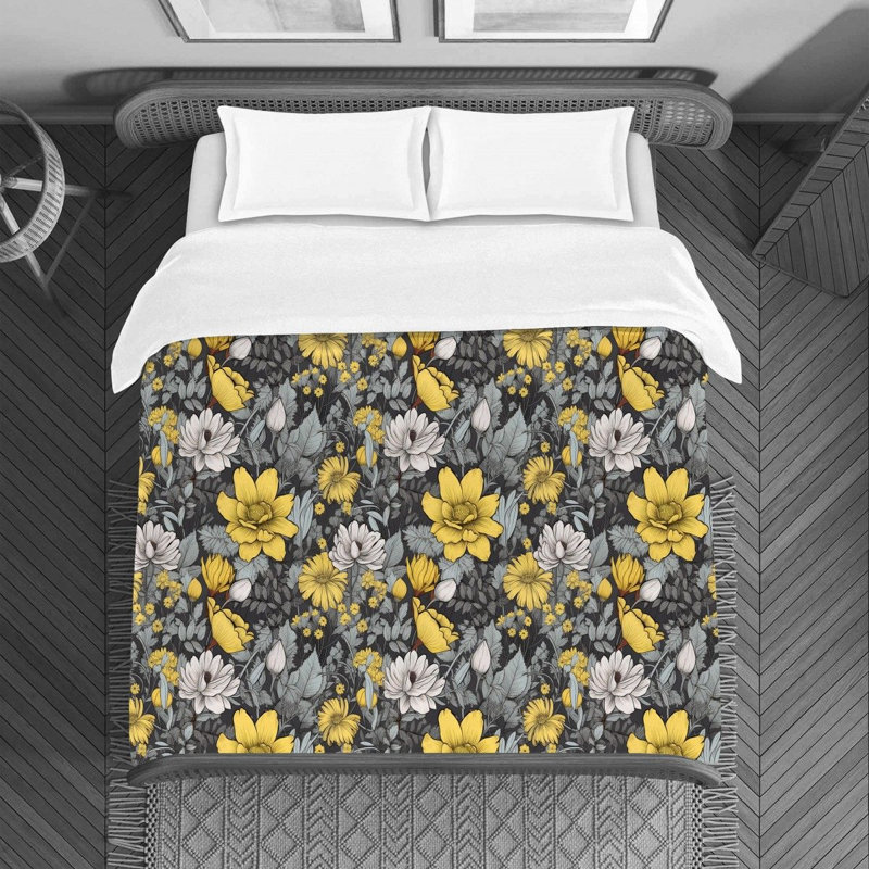 Housse de couette , Housse de couette pour grand lit, Argent / floral jaune