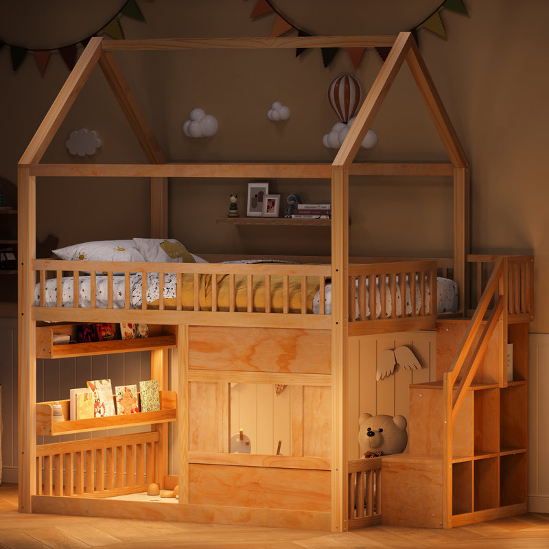 Lit de maison blanc en bois pleine grandeur avec éclairage à DEL doux, caractéristiques et tablette peu encombrante, garde-corps pour dormir