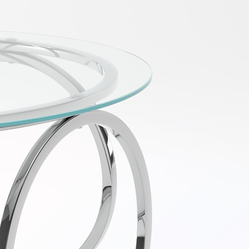 Table basse ronde avec plateau circulaire en verre, Plateau transparent / base argentée