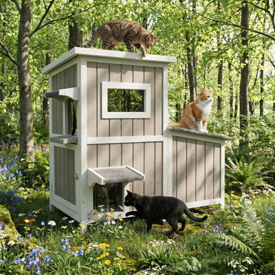 Maison pour chat 3 pièces avec double toit ouvrant, abri pour chat en bois résistant aux intempéries avec base surélevée et pieds en caoutchouc