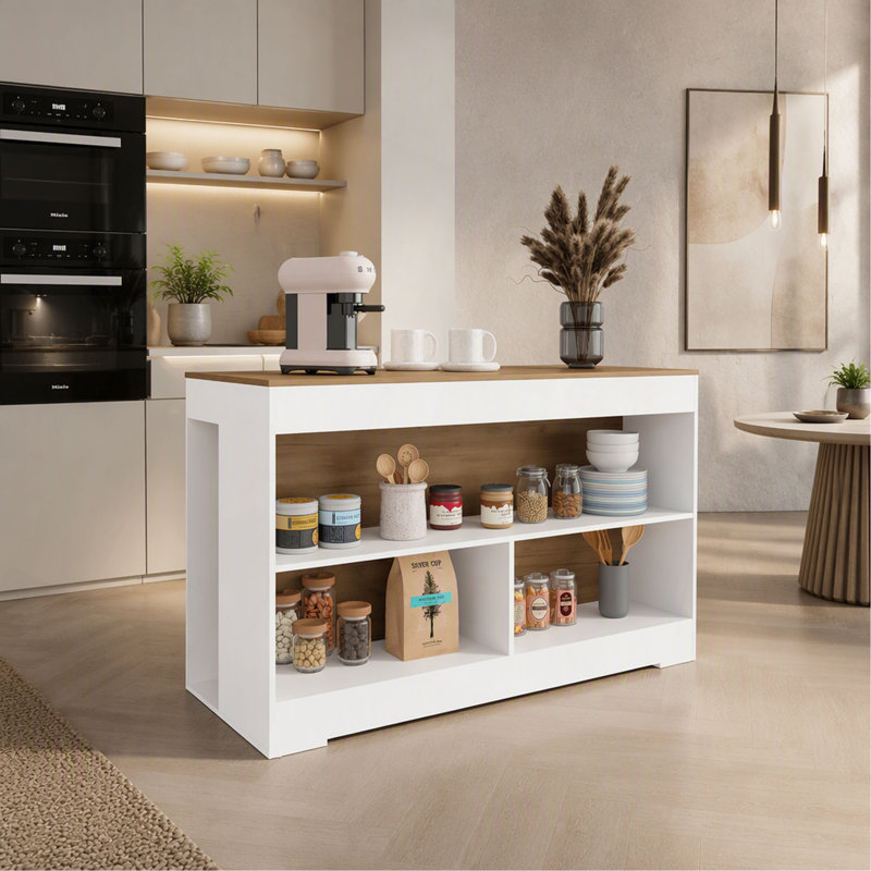 Îlot de cuisine 34 po, 3 tablettes ouvertes Makoti, Blanc