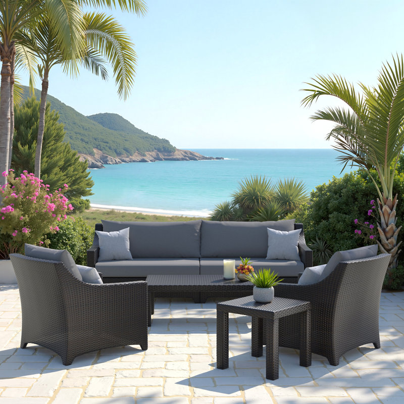 Gustin 6 Piece Sofa And Club Chair Seating Set with Sunbrella® Cushions, Charcoal Gray
