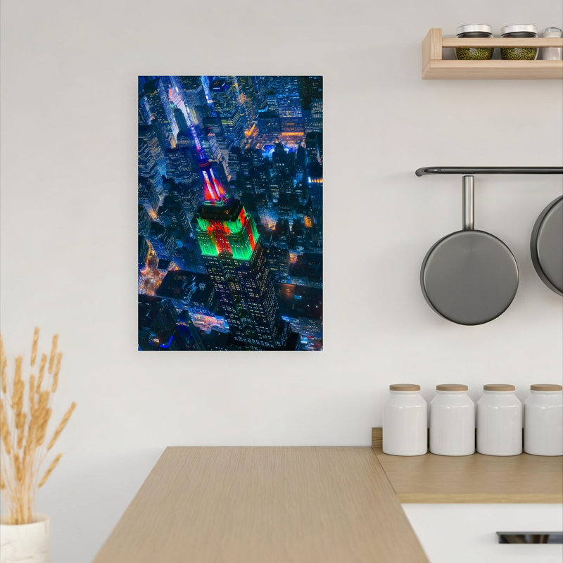 Empire State Night Lights Vibrant Abstract Contemporary City Landscape Wall Art Print 1 Piece Wrapped Canvas Wall Art