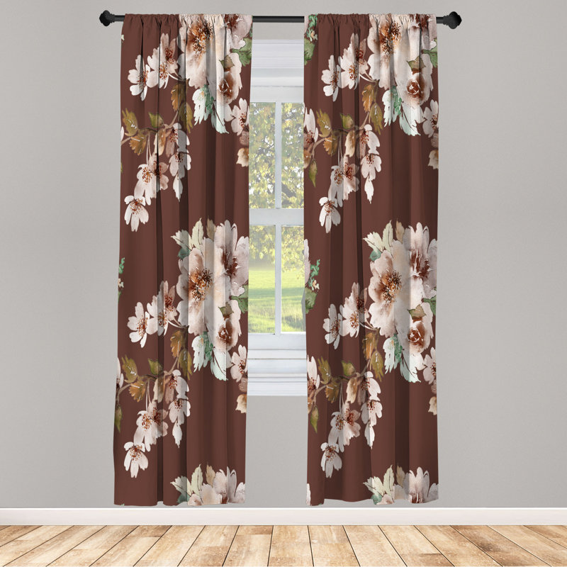 Microfiber Floral Semi-Sheer Rod Pocket Curtain Panels, 28" W x 84" L, Caramel