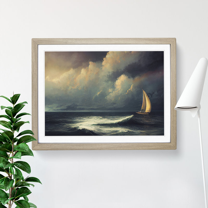 XH1022-7614X Sailing Boat on the Sea 1 Piece Single Picture Frame Painting, 46cm H x 64cm W x 2cm D, Oak