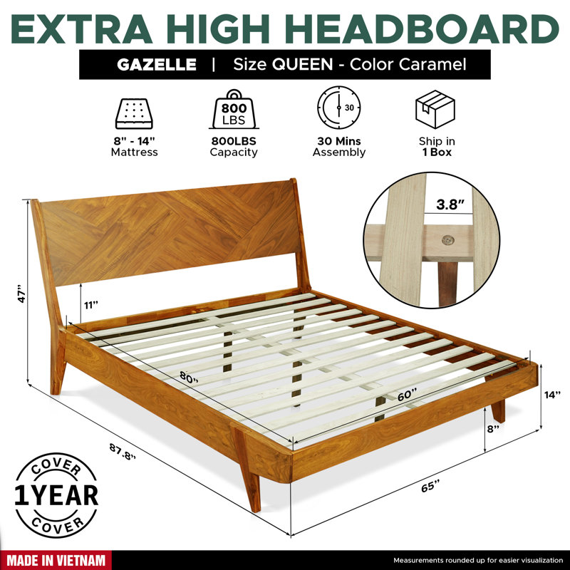 Gazelle Solid Wood Bed Frame with Artistic Patterned Headboard, Queen size bed, Caramel, Caramel, Queen