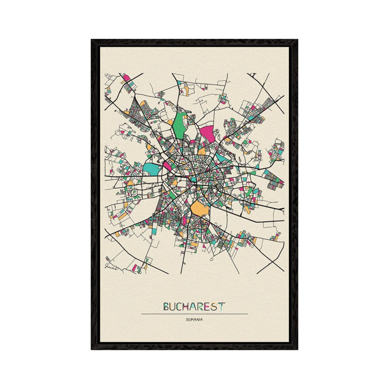 Bucharest, Romania Map 1 Piece Wall Art on Canvas, 66.04 cm H x 45.72 cm W, Black Floater Frame