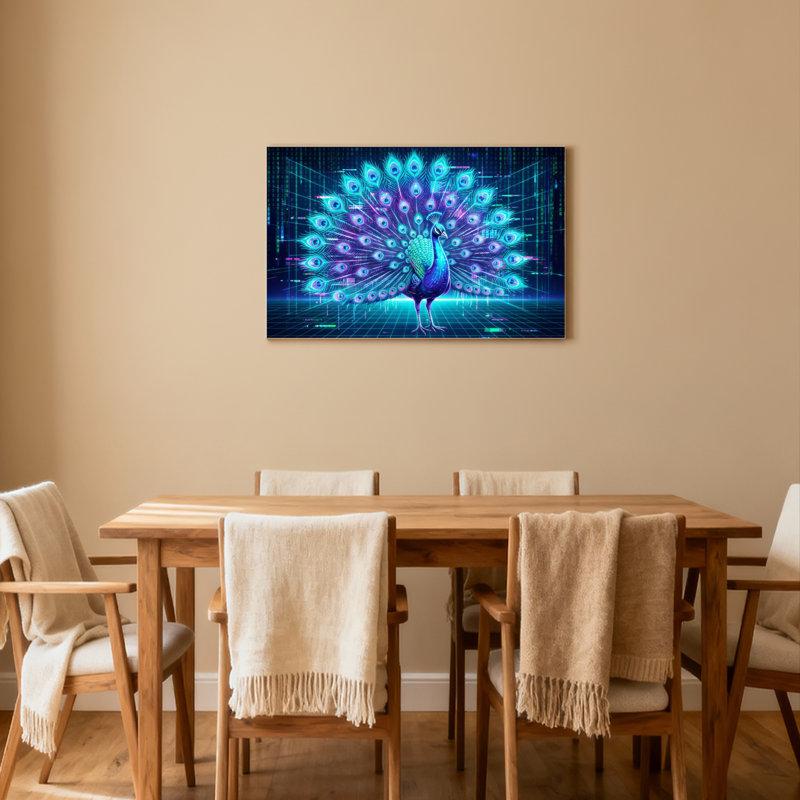 Ensemble de 1 tableau sur toile tendue représentant un paon sur fond numérique, H 12 po x l 18 po