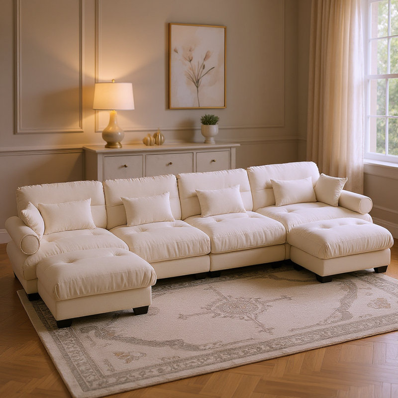 Canapé modulaire surdimensionné en U avec repose-pieds en velours 166 et 166 places 166 pouces, crème, Crème, crème