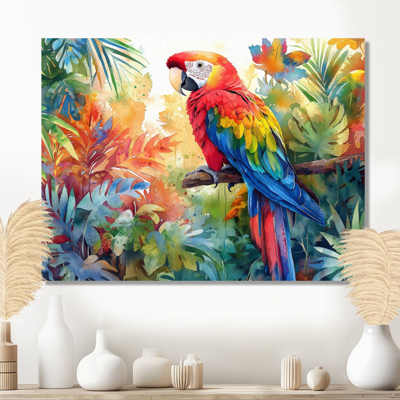 Aquarelle, perroquet sous les tropiques I - oiseau, art mural, Toile tendue, Ne s’applique pas, H 24 po x l 32 po