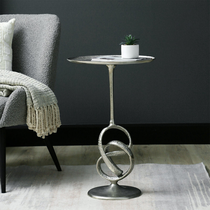 Round Metal End Table for Living Room Furniture, 60cm Tall Sofa Side Table, Accent Table, Silver, Nickel