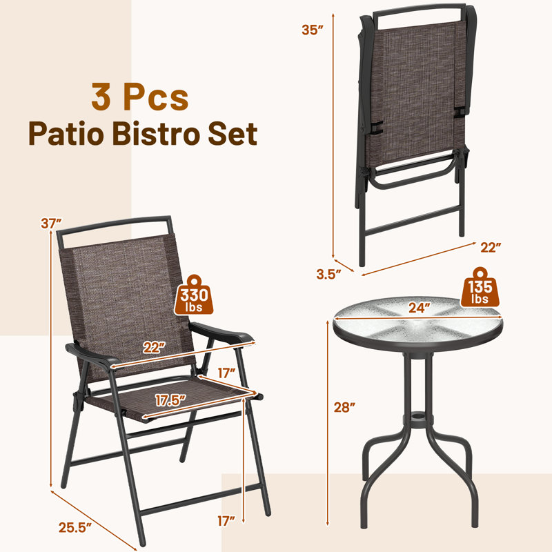 3 PCS Outdoor Bistro Dining Furniture Set w/1.57'' Umbrella Hole Rippled