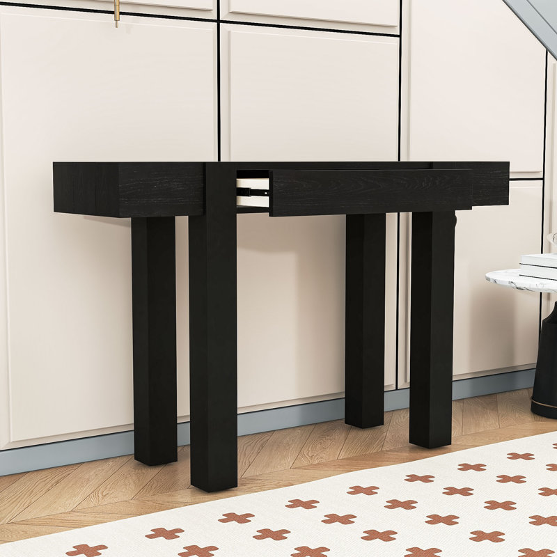 Console rustique minimaliste avec patins réglables, tiroir et prises de courant latérales, Noir