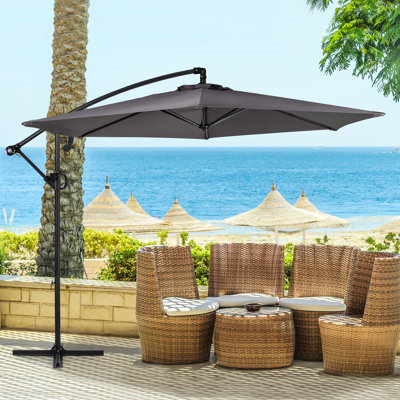 Parasol excentré 9 pi avec base incluse - Parasol en porte-à-faux résistant aux UV à 8 nervures pour le jardin, l'extérieur et la cour, gris