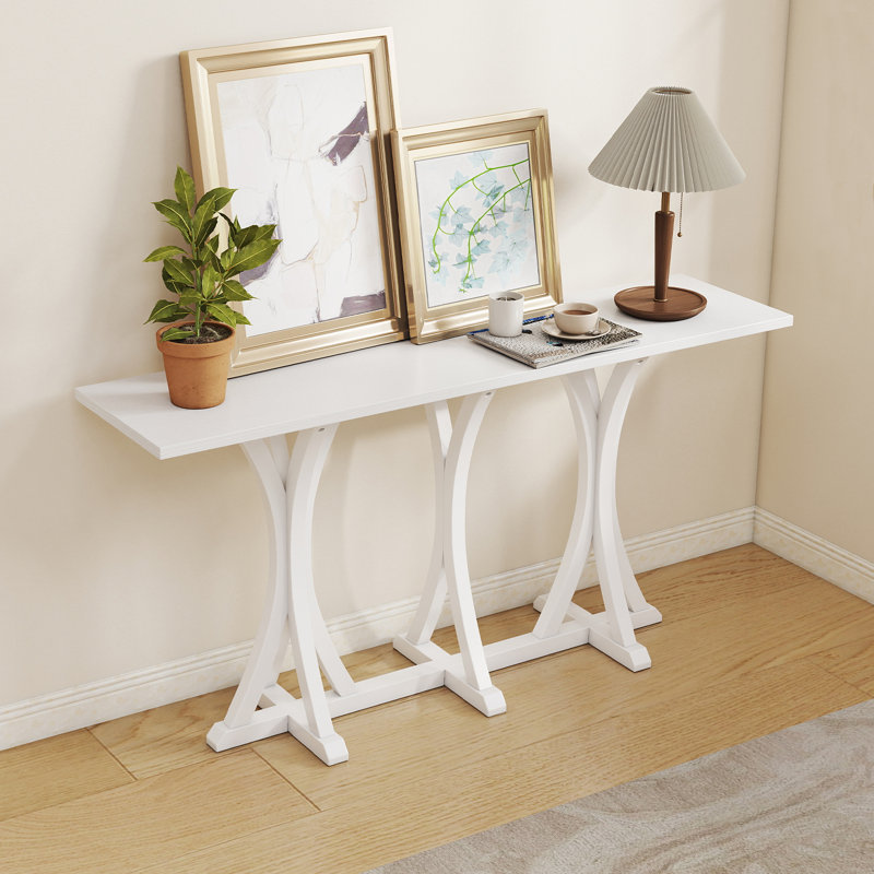 63'' Console Table With Solid Wood Base, American Traditional Rectangle Table For Entryways, Or Behind Sofas, White