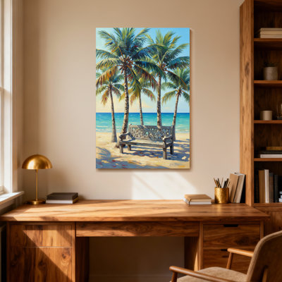 Plantes et fleurs, banc de plage tropicale, palmiers, vue sur l'océan