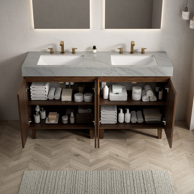 36" Freestanding Bathroom Vanity & Sink, Cream Gold Vein Sintered Stone Top, Natural Woodgrain