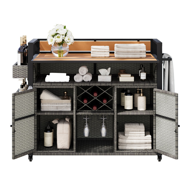Wicker Outdoor Storage Cabinet On Wheels With Tempered Glass Top, Gray