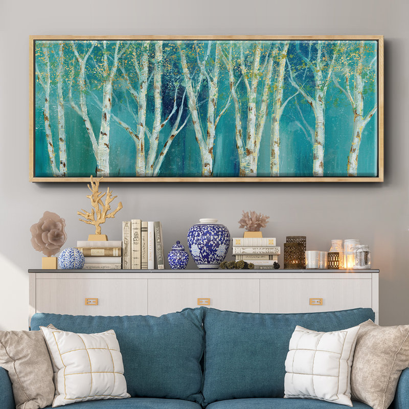 Bouleau sur toile bleue encadrée, H 8 po x l 20 po