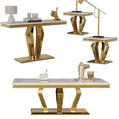 Ensemble de table basse 4 pièces, ensemble de table de salon blanc et doré avec table basse, console, 2 tables de bout
