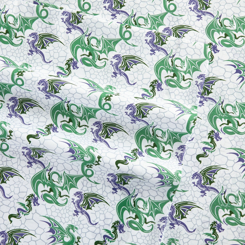Ensemble de draps 3 pièces Dragon Scales, Vert/dragon, Ensemble de draps pour lit simple avec 1 taie d'or