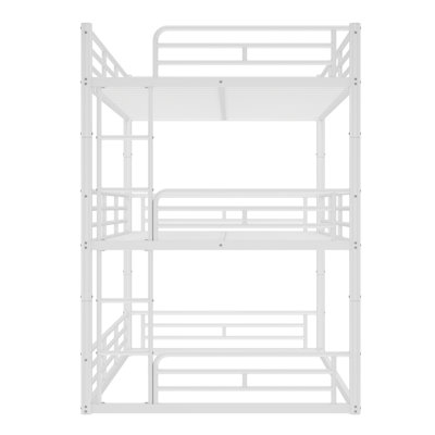 Full over Full over Full Bunk Bed, Metal Triple Bunk Bed with Safety Guardrails, Heavy-duty Bunk Bed with Noise-reduced Design, White