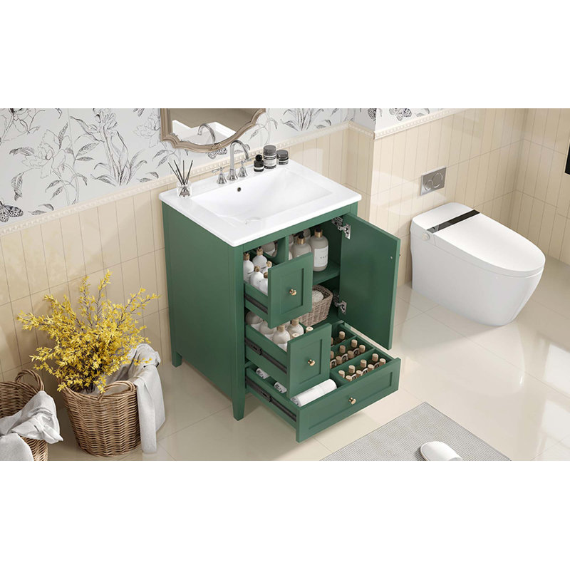 Meuble-lavabo de 24 po avec rangement, tablette réglable, panneau de fibres à densité moyenne et bois d'hévéa, cloisons amovibles