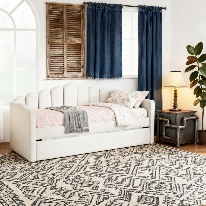Upholstered Daybed with Trundle ,Velvet Sofabed with USB Charging Ports, Beige
