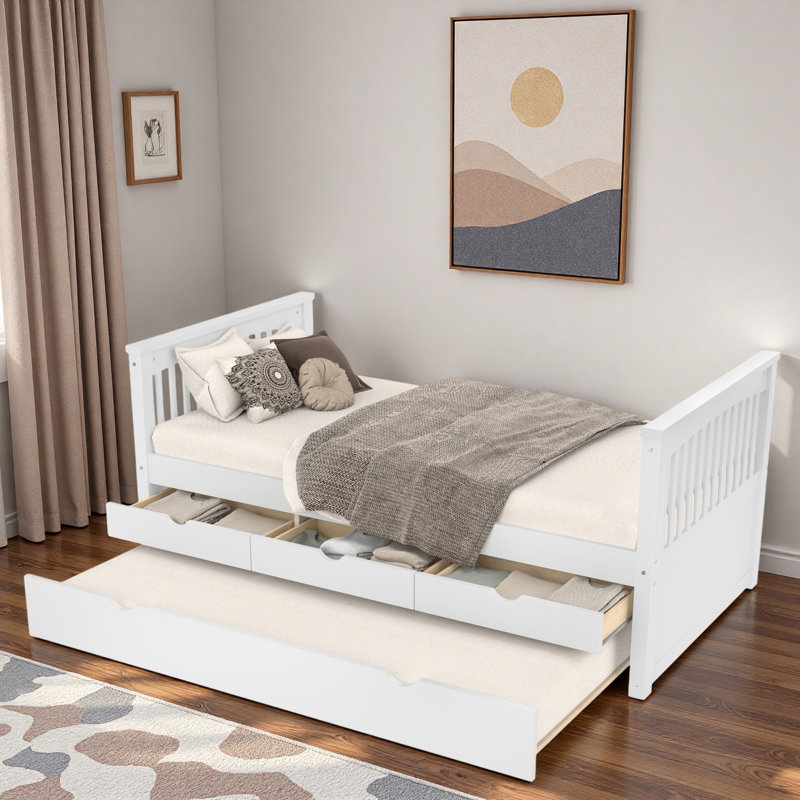 Lit plateforme avec 3 tiroirs et lit gigogne, Blanc / Blanc