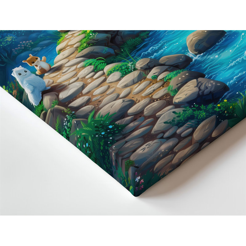 Toile «A Vibrant Enchanting Forest Scene», art mural menant à un pont en bois rustique qui enjambe une toile