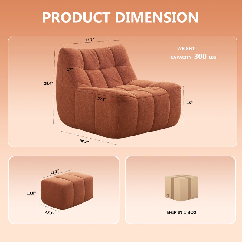 33.7" Bean Bag Lounge Chair With Ottoman, Orange
