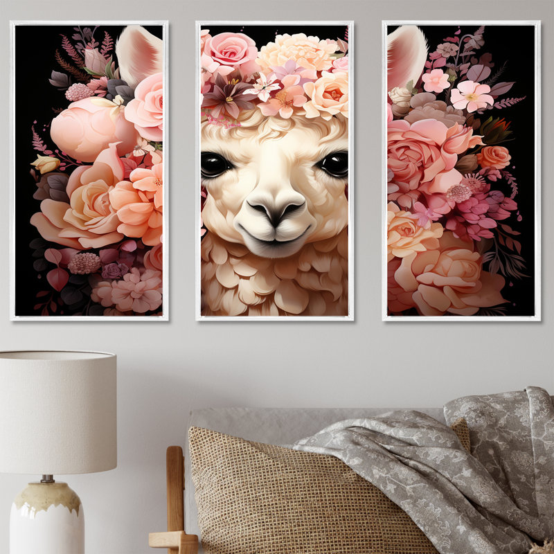 Fleur rose, couronne d'alpaga, art mural, H 40 po x l 60 po x P 1 po, Cadre flottant blanc