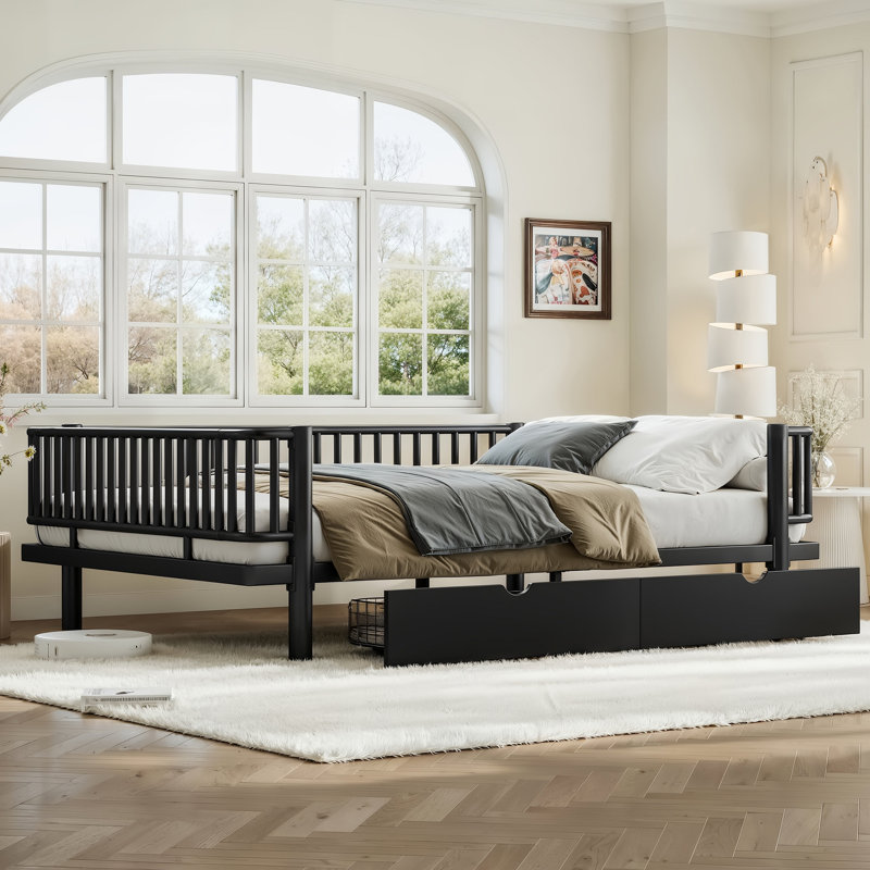 Grand lit plateforme avec tiroirs de rangement, structure de lit de jour en métal avec conception de tuyau rond de sécurité améliorée, conception à profil bas, noir