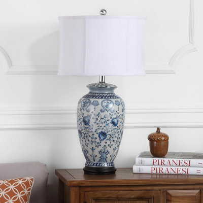 Lampe de table en céramique chinoise avec abat-jour en coton blanc pour la chambre à coucher, le salon ou le bureau à domicile (ampoule DEL incluse)