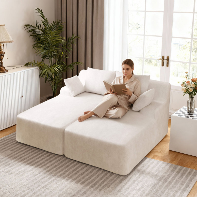 Chaise longue modulaire à compression double 78 po rembourrée en velours désossé avec coussins, sans assemblage requis