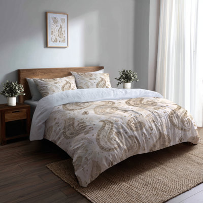Modern Duvet Cover Set Of 3 - Scandinavian Beige Paisley Floral Bedding And Throw Pillow Set