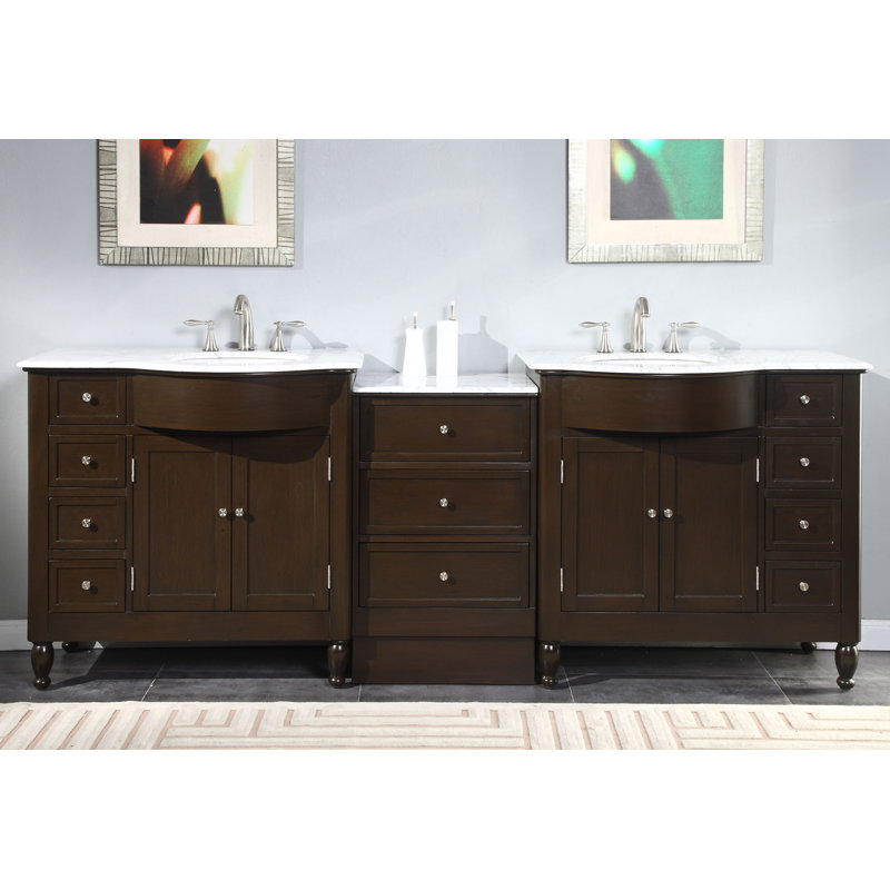 91" Modular White Bathroom Vanity Double Sink Cabinet Marble Stone Top, Espresso