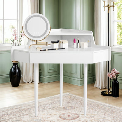 44" Corner Makeup Vanity, Space-Saving Dressing Table with Tri-Fold LED Mirror, Adjustable Lighting & PU Stool