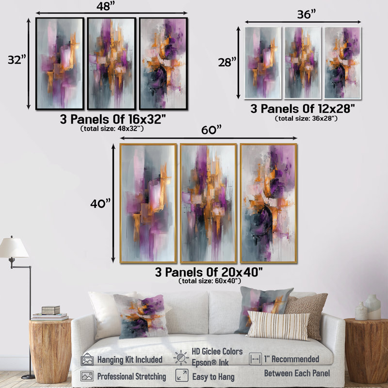 Mauve liquide encre Prismatic Maze I - encre liquide, impression sur toile, 3 pièces, H 28 po x l 36 po, Brun