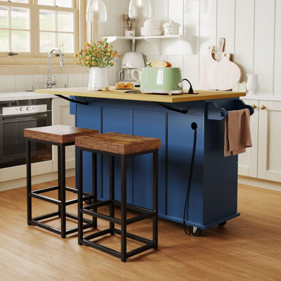 [Vidéo d'affichage du produit disponible] Îlot de cuisine de ferme avec abattant et 2 sièges, ensemble de table de cuisine avec armoire de rangement, tiroirs, tablettes de porte et prise de courant Topmax, bleu