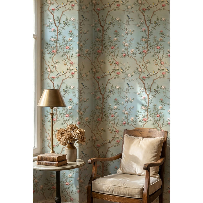 Papier peint floral oiseaux traditionnels amovibles