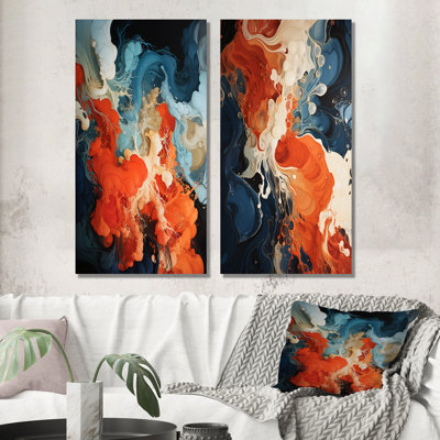 Blue And Orange Liquid Ink Waves IV - Abstract Painting Canvas Wall Art Set Of 2